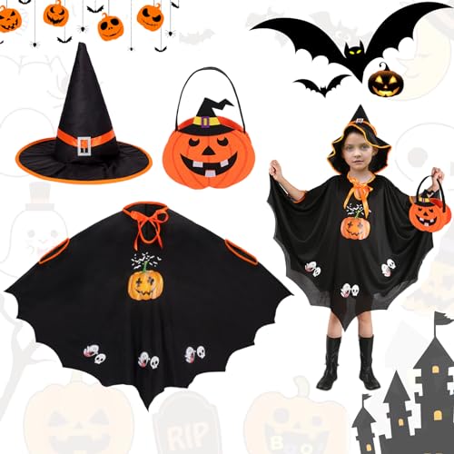 3 Stück Halloween Kostüm Kinder , Fledermaus Umhang Schwarz mit Hexenhut Und Kürbis Tasche für Kinder, Fledermaus Kostüm Kinder Hexenkostüm, Kürbis Outfit Kinder für Karneval Halloween Cosplay Party von Hifot