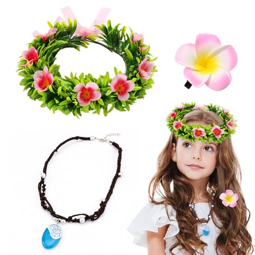 3 Stück Prinzessin Moana Vaiana kostüm Zubehör Kinder Mädchen Vaiana Kette Blau Hawaii Haarspangen Blume Stirnband Großer Kranz Geburtstag Halloween Fasching Karneval Cosplay von Hifot