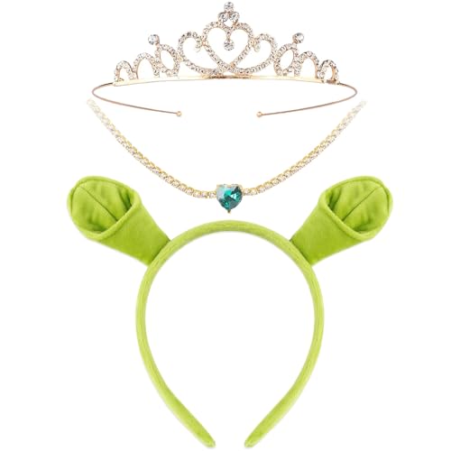 3Pcs Halloween Haarreif Damen Mädchen Plüsch Monster Ohren Haarreif Grün Oger Kostüm-Zubehör Kristall Halskette Tiara Krone Haarschmuck Haarreif Fasching Karneval Erwachsene Kinder Cosplay Accessoires von Hifot