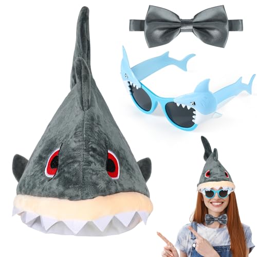 3STK Hai Mütze Hai Brillen Fliege Set - Hai Kostüm Erwachsene Kinder, Fisch Kostüm Unterwasser Kostüm Zubehör, Haifisch Hüte Lustige Mützen Lustige Brillen für Karneval Halloween Motto Party Cosplay von Hifot