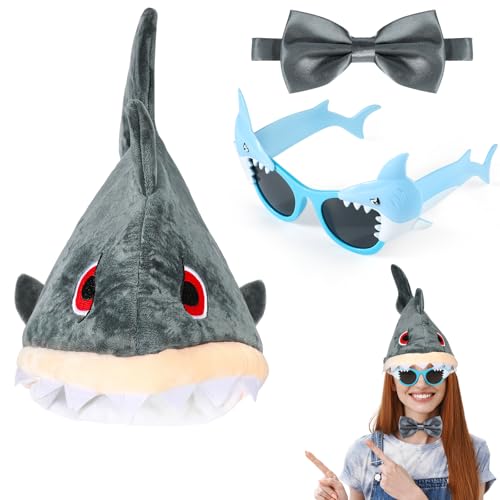 3STK Hai Mütze Hai Brillen Fliege Set - Hai Kostüm Erwachsene Kinder, Fisch Kostüm Unterwasser Kostüm Zubehör, Haifisch Hüte Lustige Mützen Lustige Brillen für Karneval Halloween Motto Party Cosplay von Hifot