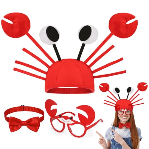 3Stk Krabben Kostüm Kinder Erwachsene, Krabben Lustige Hüte und Brille Fliege Rot, Witzige Partyhüte Lustige Brillen Fisch Kostüm Zubehör für Halloween Karneval Geburtstag Hawaii Thema Party Cosplay von Hifot