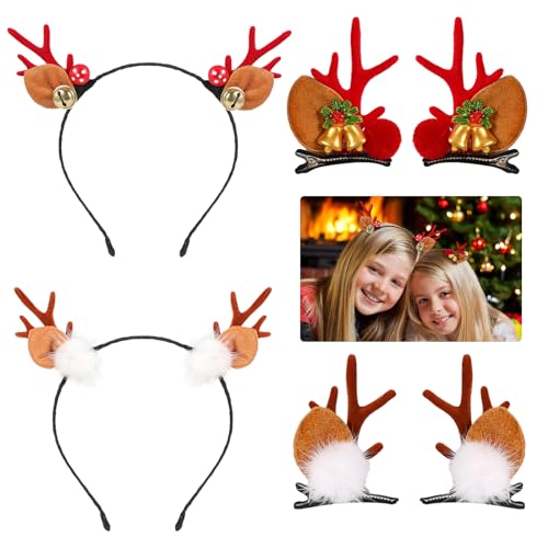 4 Stück Weihnachts Haarreif Haarspange, Weihnachten Rentier Geweih Haarreifen Haarklammern Elchgeweih Haarclips, Weihnachts Haarschmuck Kopfschmuck Weihnachtshaarreif Haarklammer Damen Mädchen von Hifot