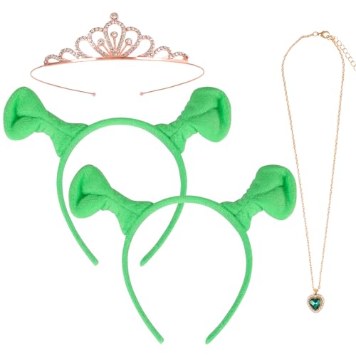 4Pcs Halloween Haarreif Damen Herren Plüsch Monster Ohren Haarreif Grün Oger Kostüm-Zubehör Kristall Halskette Tiara Krone Haarschmuck Haarreif Fasching Karneval Erwachsene Kinder Cosplay Accessoires von Hifot