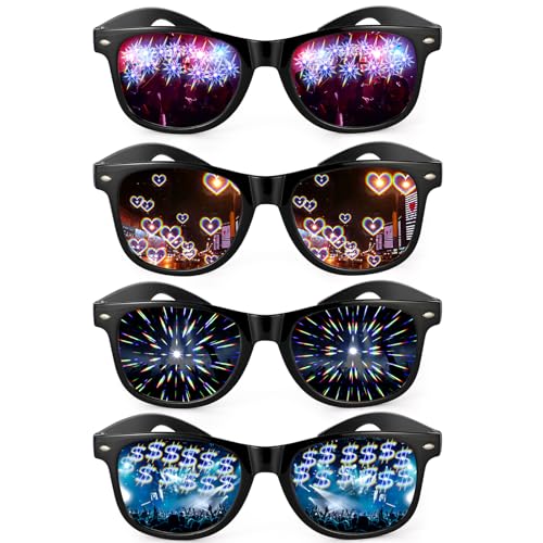 4STK Diffraction Glasses, mit 3D Prisma Herz Stern Dollar Effekt, Lustige Brillen Party Brille Herz Brille Effekt, Rave Brille Herren Damen für Nacht EDM Feuerwerk Show Karneval Silvester Party Club von Hifot