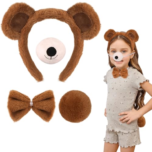 4Stk Bären Kostüm Zubehör, Bären Ohren Haarreif und Schwanz Nase Fliege Set, Bär Verkleidung Outfit Tier Kostüm Zubehör für Kinder Erwachsene für Cosplay Halloween Karneval Geburtstag Thema Party von Hifot