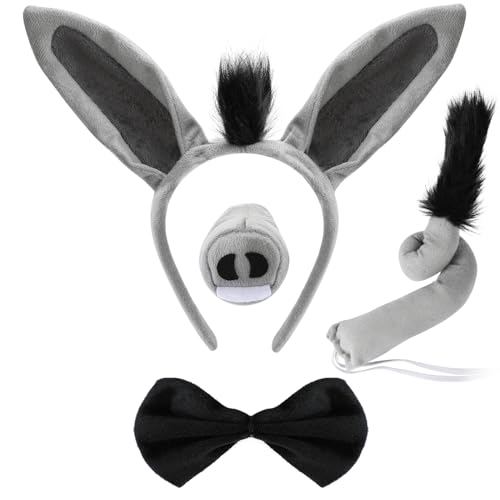 4Stk Esel Kostüm Set, Esel Ohren Haarreif und Schwanz Nase Fliege Set, Esel Tier Verkleidung Outfit Tier Kostüm Zubehör für Kinder Erwachsene für Cosplay Halloween Karneval Geburtstag Thema Party von Hifot