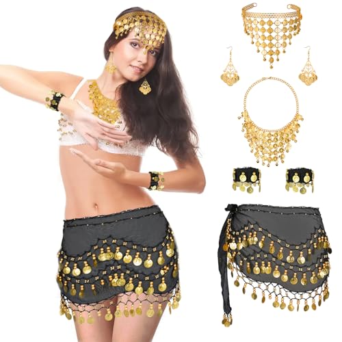 5 Stück Bauchtanz Kostüm Damen Bauchtanz Gürtel Chiffon Hüfttuch mit Münzen Ohrring Armband und Halskette Set Belly Dance Outfit von Hifot