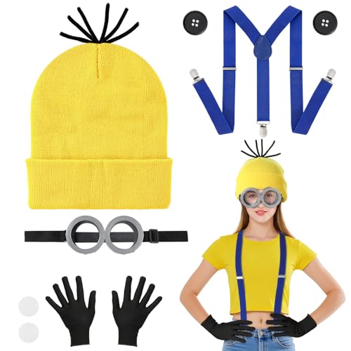 5 Stück Gelbe Halloween Kostüme Erwachsene Kinder, Große Augen Steampunk Brille Gelbe Mützen Schwarze Handschuhe Hosenträger Knöpfe, Film Kostüme Zubehör für Halloween Karneval Kostüm Party Cosplay von Hifot