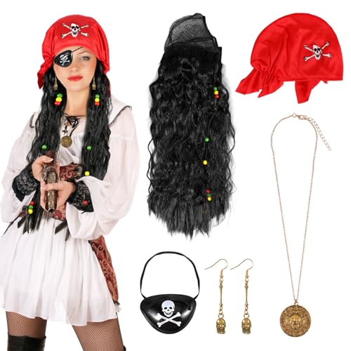 5 Stücke Piratenkostüm Damen Herren Piraten Accessoires Kinder Piraten Perücke Kopftuch Augenklappe Piraten Schmuck Gold Totenkopf Ohrringe Halskette für Halloween Cosplay Party Fasching und Karneval von Hifot