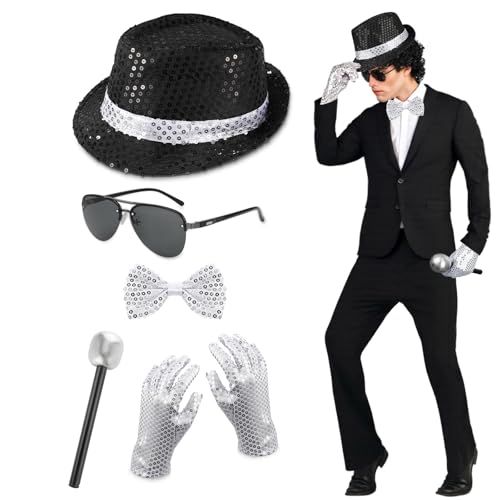 5STK MJ Kostüm Zubehör für Erwachsene Kinder, Pailletten Hut Fake Mikrofon Sonnenbrille Glitzer Fliege Handschuhen, Glitzer Outfit 70s King of Pop Rockstar Popstar Karneval Halloween Cosplay Zubehör von Hifot