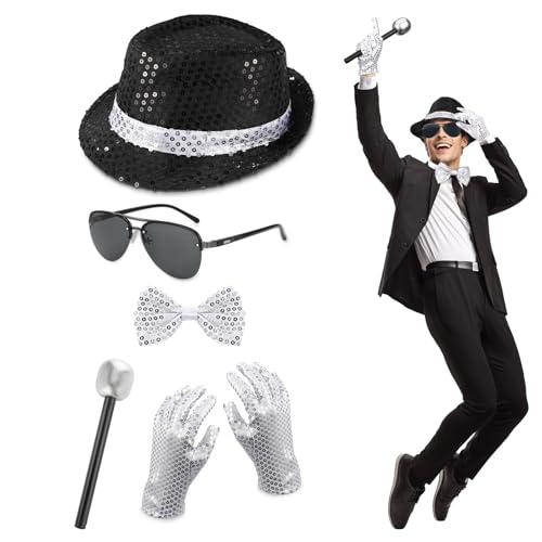 5STK MJ Kostüm Zubehör für Erwachsene Kinder, Pailletten Hut Fake Mikrofon Sonnenbrille Glitzer Fliege Handschuhen, Glitzer Outfit 70s King of Pop Rockstar Popstar Karneval Halloween Cosplay Zubehör von Hifot