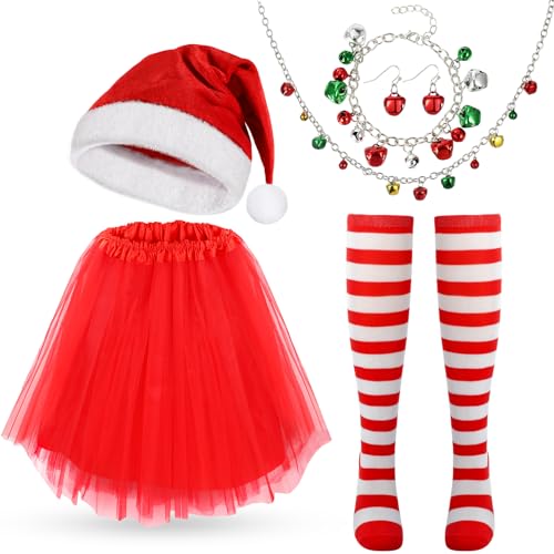 6 STK Weihnachtskostüm Damen Set, mit Weihnachtsmütze, Tüllrock Rot, Gestreifte Kniestrümpfe, Weihnachtsohrringe Weihnachten Schmuck, Tütü Weihnachten Kostüm Frauen für Weihnachten Geburtstag Party von Hifot