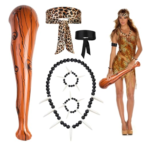 6STK Höhlenmensch Kostüm Zubehör, Aufblasbaren Keule Karneval Elfenbeinkette Armband Leoparden Stirnband Schwarze Armschärpe, Knochen Schmuck Steinzeit Kostüm Damen Zubehör für Karneval Cosplay Party von Hifot