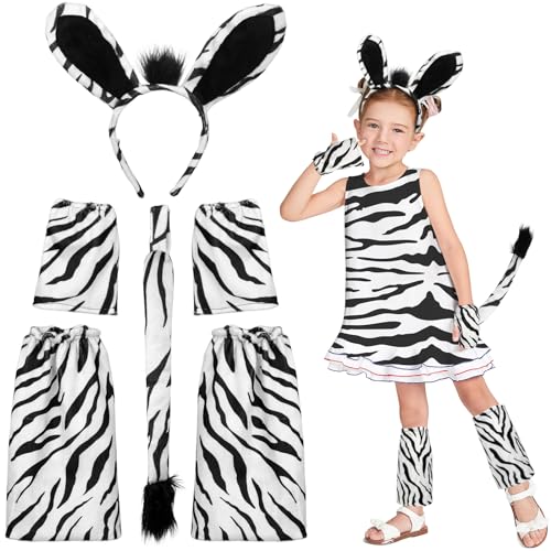 6Stk Zebra Kostüm Set, Zebra Ohren Haarreif Fliege Handschuhe Beinwärmer Schwanz, Zebra Tier Verkleidung Outfit Tier Kostüm Zubehör für Kinder Erwachsene für Halloween Karneval Cosplay Party Favors von Hifot