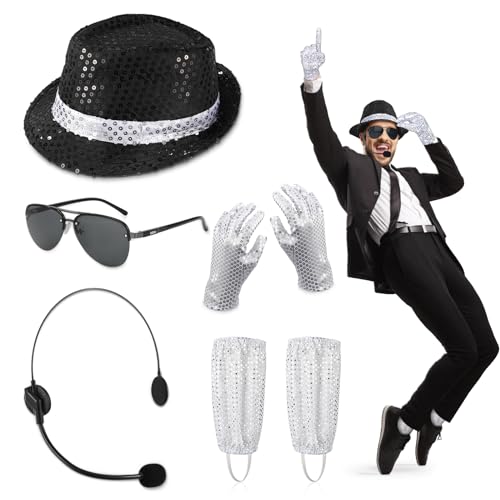 7STK MJ Kostüm Zubehör für Erwachsene Kinder, mit Paillettenhut Kopfmikrofon Sonnenbrille Pailletten handschuhen Silbersocken, 80s King of Pop Tänzer Rockstar Popstar Sänger Halloween Cosplay Zubehör von Hifot