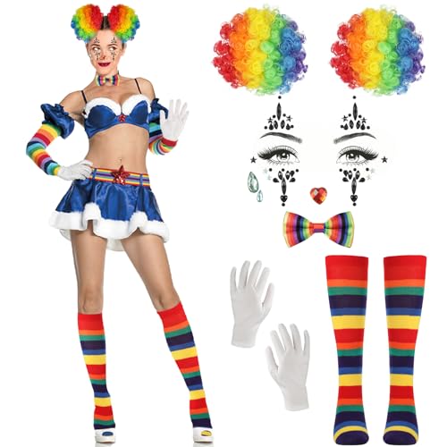 8STK Clown Kostüm Accessoire, Regenbogen Clown Perücke Bunt Gestreifte Socken Glitzersteine Gesicht Regenbogen Fliege Weiße Handschuhe, Mardi Gras Clown-Zubehör für Damen Kinder für Halloween Karneval von Hifot