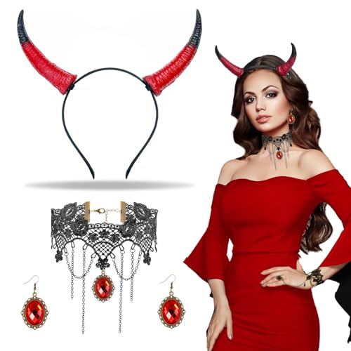 Abnehmbare Hörner Kopfschmuck Maleficent Kostüm Damen Schwarze Ziege Teufelshörner Königin Hörner Haarreif Gothic Halskette Spitze Kristall Ohrringe Teufel Halloween Kostüm für Karneval Cosplay von Hifot