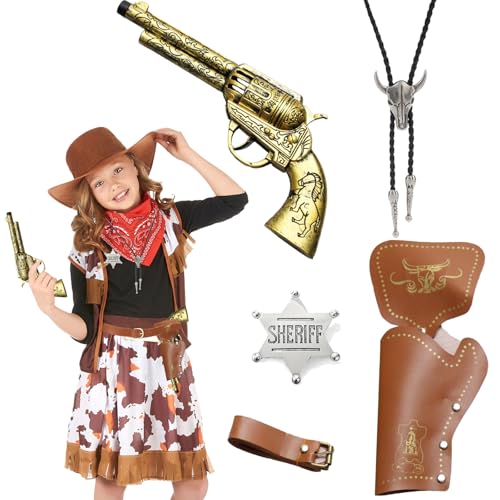 Cowboy Kostüm Kinder Herren Cowboypistole Stierkopf Kette Sheriff-Stern, Spielzeug Pistole Kinder Western Holster Cowboy Gürtel Anstecker Halloween Kostüm Zubehör für Cosplay Party Fasching Karneval von Hifot