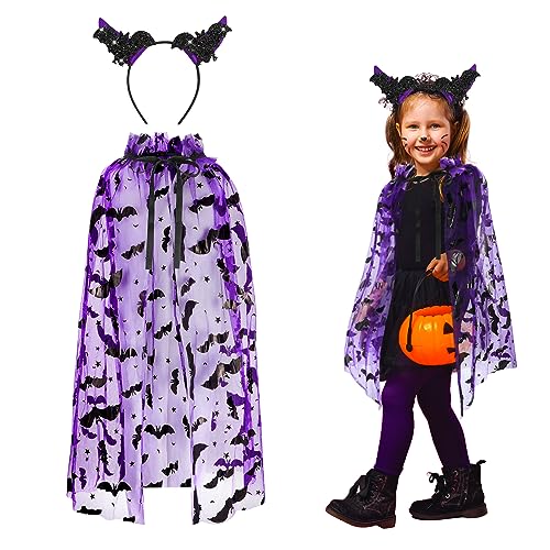 Fledermaus Kostüm Kinder 2 Stück, Lila Tüll Fledermaus Umhang und Fledermaus Haarreif Kinder Fledermaus Halloween Umhang Kinder Halloween Zubehör für Halloween Cosplay Party Karneval Verkleidung von Hifot