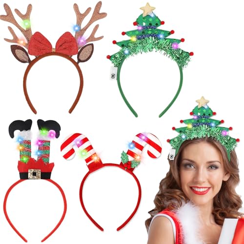 HIFOT 4 Stück LED Haarreif Weihnachten Damen Beleuchtete Stirnbänder Rentier Haarreif Leucht Geweih Haarreif LED Haarschmuck Weihnachtsbaum Elfen Weihnachtshaarreifen Erwachsene Weihnachts Accessoires von Hifot