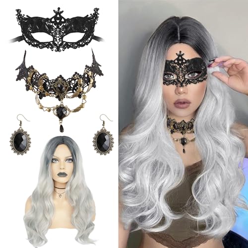 HIFOT 4PCS Grau Lang Wellte Lockig Perücke Frauen Kostüm, Perücke mit Gotisch Halskette Venezianische Masken Schwarz Kristall Ohrringe Hängend Hexenkostüm Damen für Halloween Karneval Cosplay Karneval von Hifot