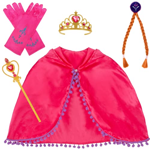 HIFOT 5 Stk Prinzessin Anna Kostüm Mädchen Zubehörset Anna Umhang Prinzessin Krone Mädchen Zauberstab Kinder Elsa Handschuhe Anna Zopf Für Kinder, Anna Und Elsa Spielzeug Prinzessin Kostüm Mädchen 3-9 von Hifot