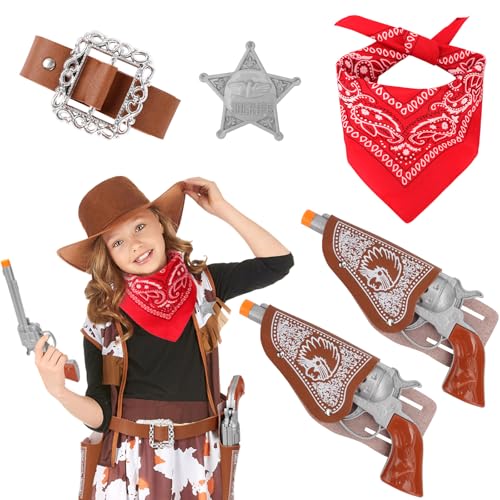 HIFOT 7 Stück Cowboy Kostüm Kinder Herren Cowboypistole Bandana Rot Spielzeug Pistole Kinder Western Holster Cowboy Gürtel Anstecker Halloween Kostüm Zubehör für Cosplay Party Fasching Karneval von Hifot