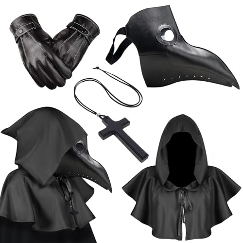 HIFOT Pestdoktor Kostüm Herren Damen Plague Doctor Costume Erwachsene Pestdoktor Maske Mittelalter Steampunk Halloween Kostüm Leder Pestmaske Holz Halskette Kreuz Handschuhe Mantel Pest Doktor Cosplay von Hifot