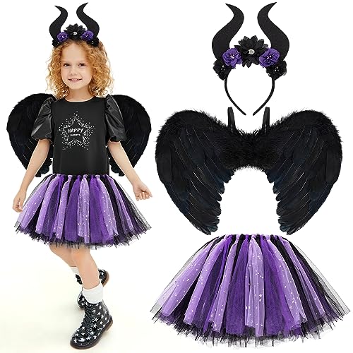 Halloween Kostüm Maleficent Kinder,Mädchen Tüllrock Engelsflügel Schwarz Maleficent Hörner Halloween Kostüm Kinder Hexe Verkleidung Karneval Kostüm für Mädchen von Hifot