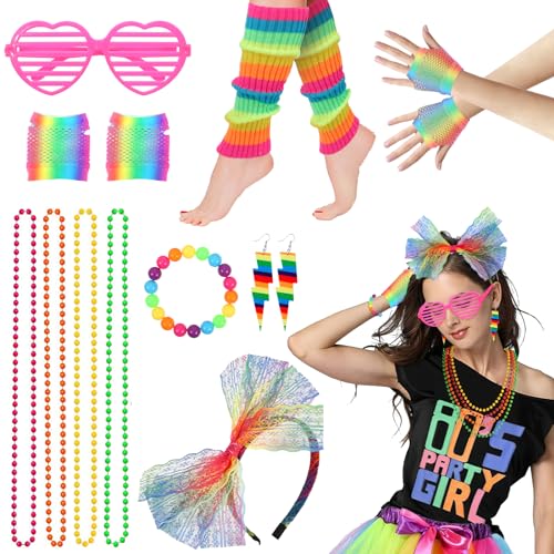 Hifot 10 Stücke 80er Jahre Outfit Damen,Neon Stirnband Ohrring Halskette Armband Netzhandschuhe 80er Jahre Accessoires für Neon Thema Party 80er Karneval von Hifot