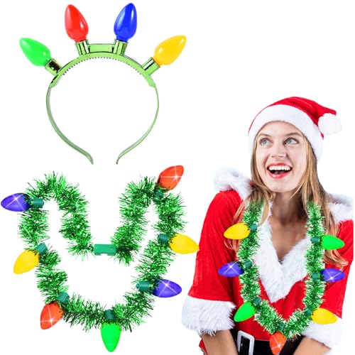 Hifot 2 Stück Glühbirne LED Haarreif Light Up LED Halskette Weihnachten Haarreif Accessoires Lichterkette Halskette 3 Verschiedenen Blinkenden Licht-Modi Kinder Damen Weihnachten-Zubehör Liefert von Hifot