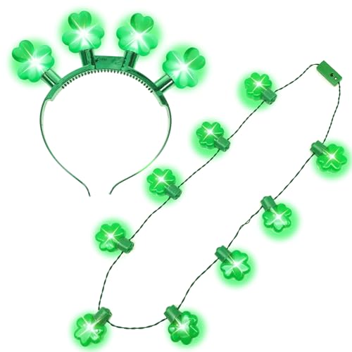 Hifot 2 Stück LED Haarreif Kleeblatt Light Up LED Kleeblatt Halskette St Patricks Day Accessoires Haarreif Grün Halskette 3 Verschiedenen Blinkenden Licht-Modi Kinder Damen von Hifot