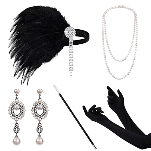 Hifot 20er Jahre Accessoires Set für Damen,1920s Flapper Accessoires 20er Jahre Kopfschmuck Great Gatsby mit Stirnband Kopfbedeckung Lange Schwarze Handschuhe Halskette Ohrringe für Frauen von Hifot