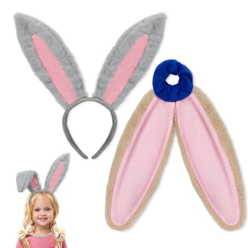 Hifot 2PCS Graue Hasenohren Haarreif + Braune Hasenohren Haargummi, Flauschige Hasenohren Halloween Haarreif Karneval Ostern Haar Accessoires, Hasen Kostüm-Zubehör für Kinder und Erwachsene Cosplay von Hifot