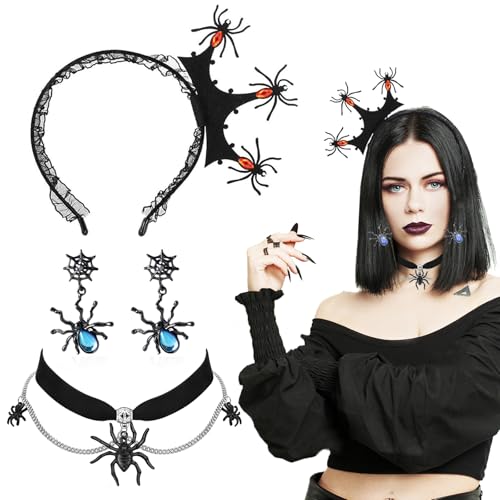 Hifot 3 Stück Halloween Haarreif Kostüm Spinnen Haarreif Halloween Accessoires Damen Spinnen Halskette Ohrringe Set Mit Spinne Anhänger Gothic Schmuck Spinne Haarschmuck Karneval Party Cosplay von Hifot