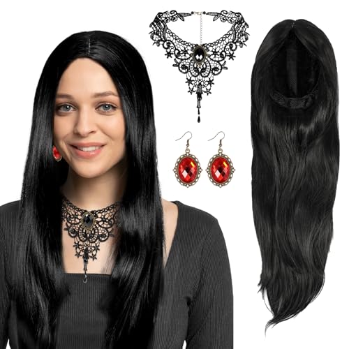 HIFOT 3 Stück Halloween Perücke Schwarz Lang Glatt für Damen Gothic Schmuck Vintage Halskette Lang Rubin Ohrringe Kristall Cosplay Perücke Fasching Halloween Kostüm Accessoires von Hifot