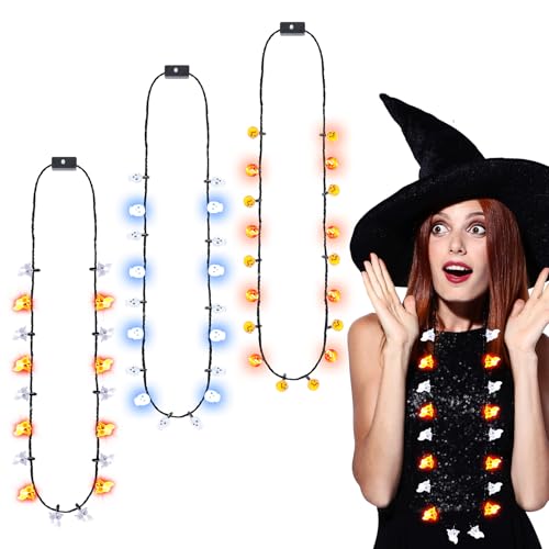 Hifot 3 Stück Halskette Halloween Accessoires Kürbis Schädel Geist Halskette für Kinder Mädchen Jungen 6 Modi Halloween Kette Erwachsener Halloween Schmuck Zubehör Liefert von Hifot