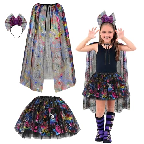 Hifot 3STK Halloween Spinnen Kostüm Kinder, Schwarzer Umhang Spinnennetz Spinnen Haarreif Spinnen Tütü Schwarz, Spinnennetz Umhang Spinnenkostüm Halloween Kostüme Kinder für Halloween Cosplay Party von Hifot