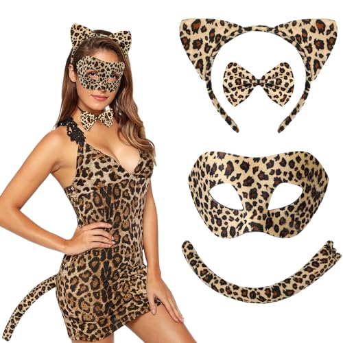 Hifot 4 STK Leoparden Kostüm Set, Leoparden Ohren Haarreif Leoparden Schwanz und Maske Fliege Set, Leoparden Kostüm Damen Kinder Leopard Tier Kostüm Zubehör für Cosplay Halloween Karneval Thema Party von Hifot