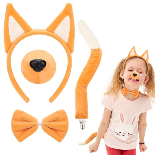 Hifot 4Stk Hundekostüm Kinder Erwachsene Set, Gelb Hundeohren Haarreif Schwanz Nase Fliege, Kostüm Hund Kinder Welpen Hundeohren Kostüm Tier Kostüm Zubehör für Cosplay Halloween Karneval Thema Party von Hifot