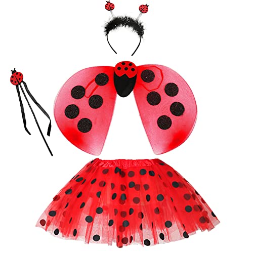 Hifot 4pcs Marienkäfer Kostüm Mädchen,Ladybug Tüllrock, Flügel, Zauberstab und Haarreif für Halloween Karneval Geburtstag Party von Hifot