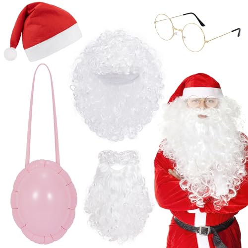 Hifot 5 Stück Weihnachtsmann Kostüm,Weihnachtsmütze Nikolaus Bart und Perücke Brille Aufblasbarer Santa Bauch Nikolaus Kostüm Accessoires Santa Claus Costume Zubehör von Hifot