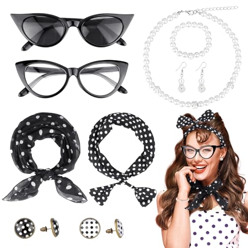 Hifot 50er Jahre Accessoires 1950s Rockabilly Accessoires Damen Polka Dots Bandana Haarband Schal Ohrringe Handschuhe Katzenaugen Sonnenbrille Damen Vintage von Hifot