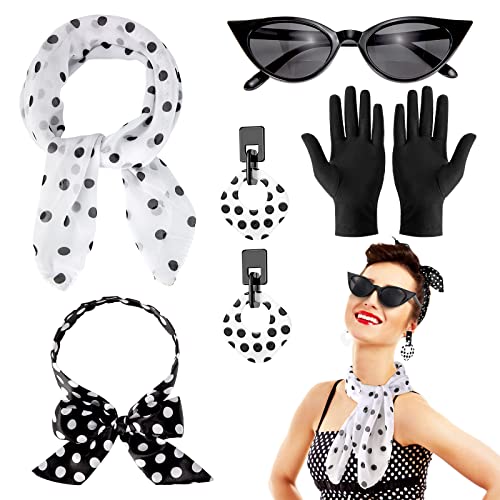 Hifot 50er Jahre Accessoires 1950s Rockabilly Accessoires Damen Polka Dots Bandana Haarband Schal Ohrringe Handschuhe Katzenaugen Sonnenbrille Damen Vintage von Hifot