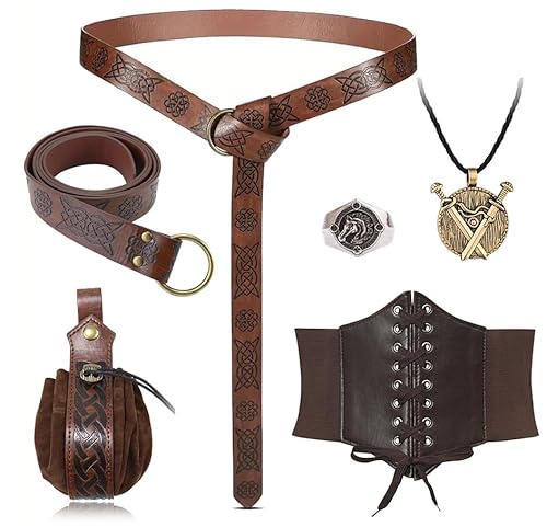 Hifot 5pcs Mittelalter Kleidung Damen Herren Gürteltasche Mittelalter Gürtel Accessoires Set Korsett Gürtel Doppelschwert Halskette Silberring Wikinger Schmuck Renaissance Knight Rider Deko Piraten von Hifot