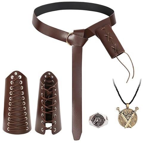 Hifot 5pcs Mittelalter Kleidung Damen Herren Schwert Holster Mittelalter Gürtel Accessoires Set Armschienen Doppelschwert Halskette Silberring Wikinger Schmuck für Renaissance Knight Deko Piraten von Hifot