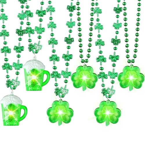 Hifot 6 Stück LED Halskette Kleeblatt Bier St Patricks Day Accessoires Light Up Halskette Perlen Grün Kleeblatt Kostüm Zubehör Blinkenden Licht-Modi Kinder Damen von Hifot