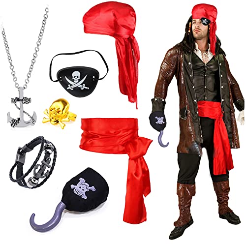 Hifot 7 Stück Piraten Kapitän Kostüm Accessoires Set Augenklappe Kopftuch Lang Schwanz Piraten Hut Augenklappe Piraten Kappe Zubehör Kinder Erwachsene für Halloween Party Rollenspiel von Hifot