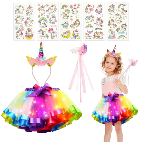 Hifot 8 Stück Einhorn Kostüm Kinder LED,Leuchtend Tüllrock Led Lichter Einhorn Haarreif Zauberstab Temporäre Tattoos Prinzessin Einhorn Kleid Mädchen von Hifot